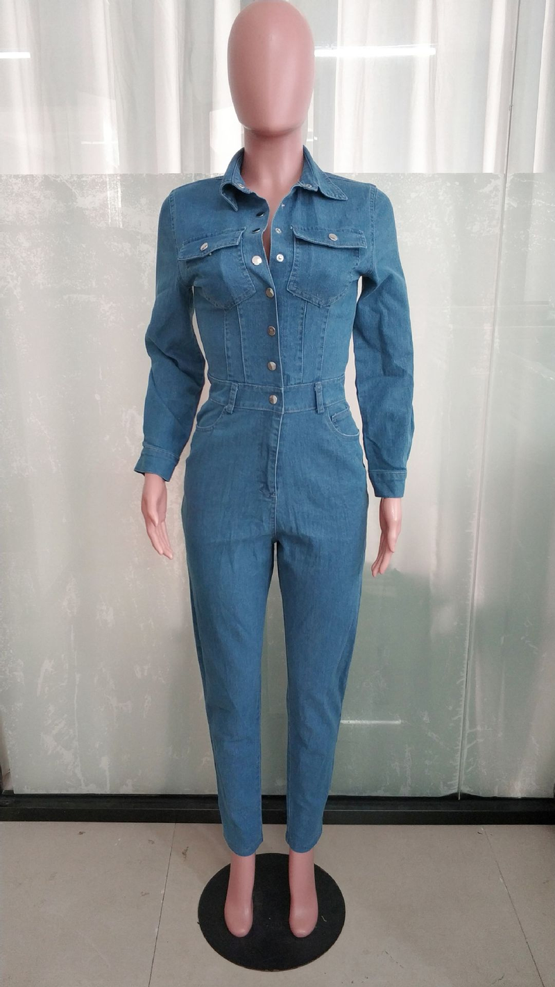 Modischer, schmaler Stretch-Denim-Overall für Damen mit langen Ärmeln und kleiner Fuß-Mund-Waschung_voghion.com