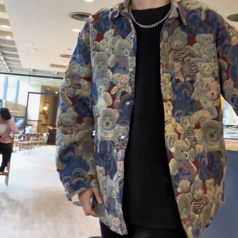 Men's Chinese Syle Prined Shir Handsome Versaile Long Sleeve Jacke Auumn Bear Trendy Turn-down Collar Ouerwear_voghion.com
