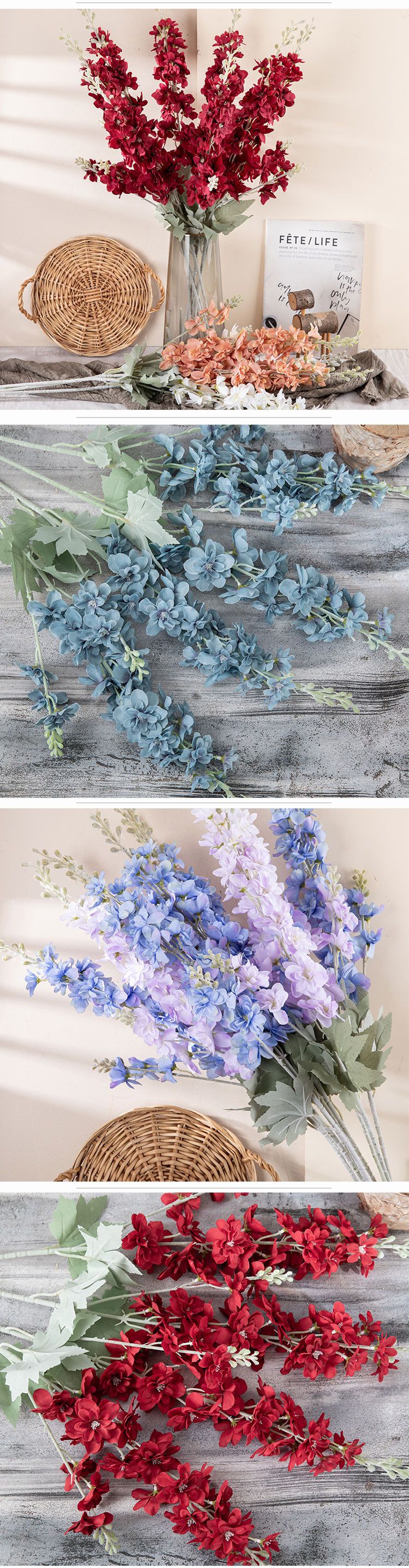 Simulação de delphinium flor decoração para casa casamento buquê de mão rosa parede_voghion.com