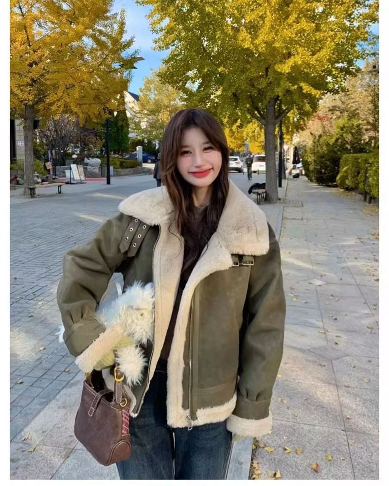 Green Suee Motorcycle Lamb Wool Coat For Women, Autumn Winter 2024, High-En Thickene Stan Collar Sheepskin_voghion.com