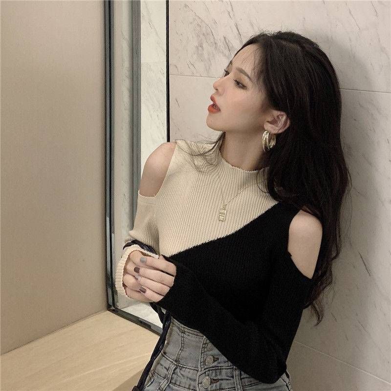 ragazza 2025 primavera e autunno nuovo maglione lavorato a maglia a collo alto a maniche lunghe con spalle scoperte color-block vestibilità slim base corta_voghion.com