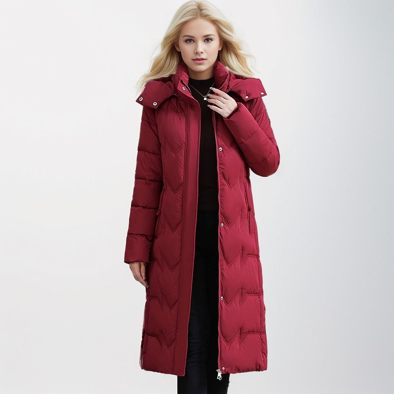 Extra Long Women's Puffer Coat - Oversized Winter Jacket With Hood, Knee-Length Warmth, Plus Size Friendly (Wine Red, Khaki, Dusty Pink, Black)_voghion.com