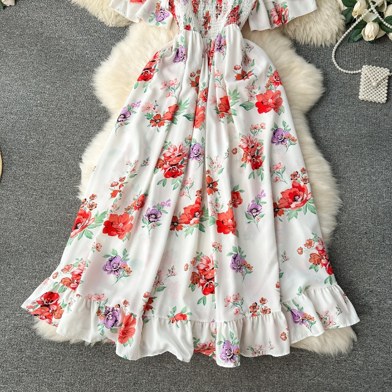Abito da vacanza da donna per donna primavera nuovo stile colletto a una linea con spalle scoperte gonna a maniche corte in vita lunga floreale in platycodon_voghion.com