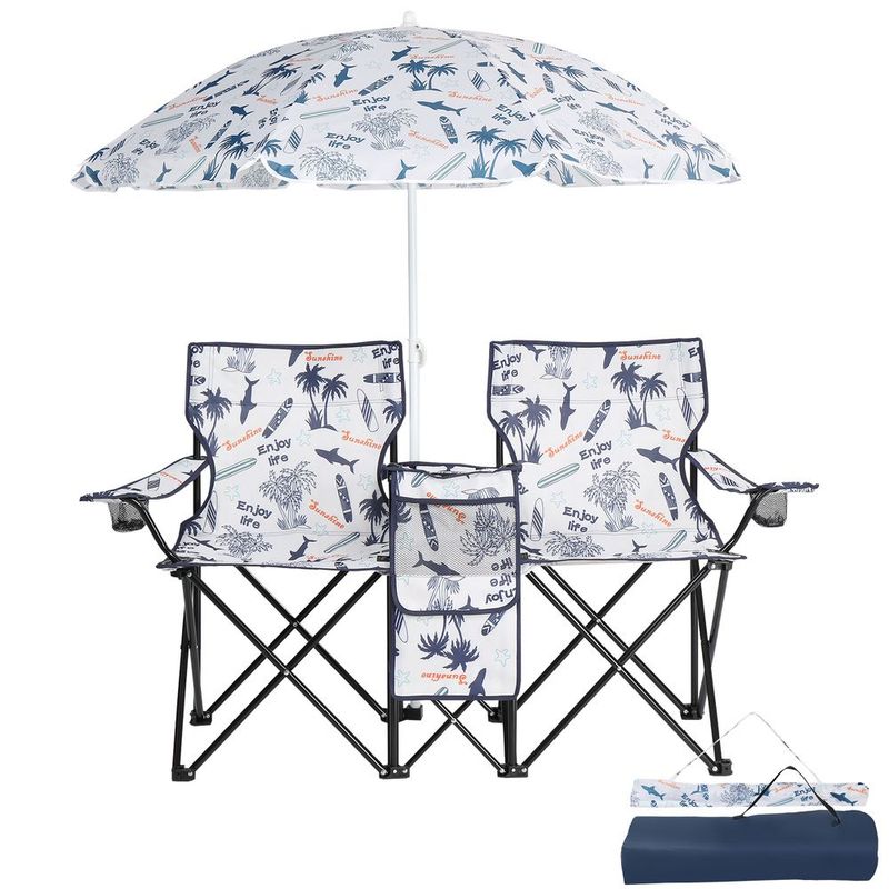 Portable Folding Picnic Double Chair With Umbrella, Table & Cooler – Beach Camping Chair, Red/Gray Palm Tree Design, Black Pineapple Pattern – Perfect For Outdoor Patio & Picnic_voghion.com