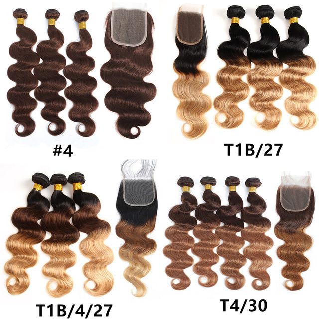 Fasci colorati con chiusura fasci di tessuto per capelli umani a onda del corpo con chiusura in pizzo HD estensioni marrone ombre per le donne_voghion.com