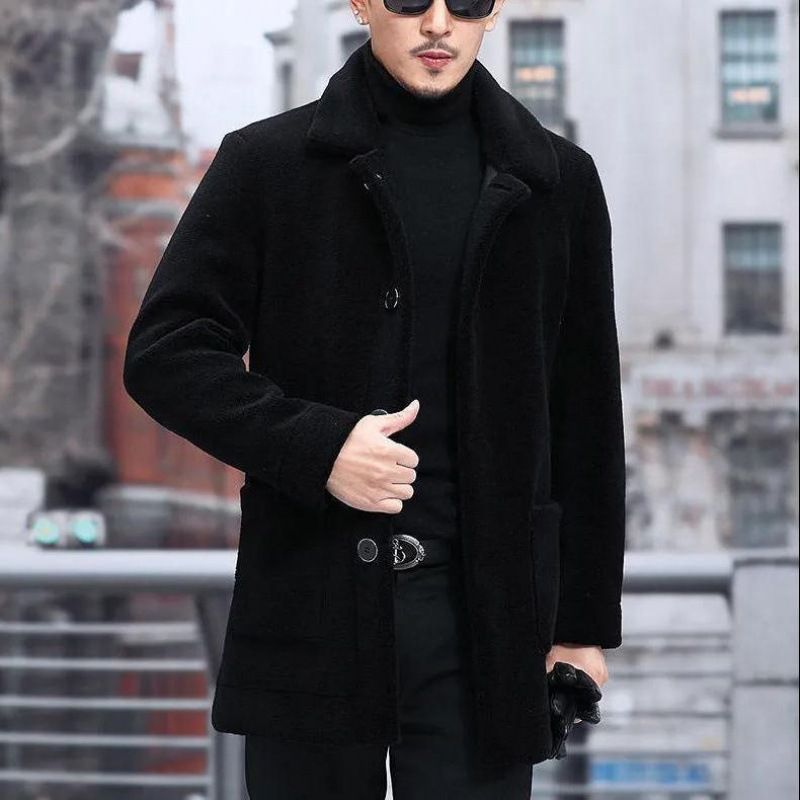 Imitation Lamb Wool Jacket Lapel Short Imitation Fur Coat Men's Lamb Wool Thickened Coat Long Coat_voghion.com
