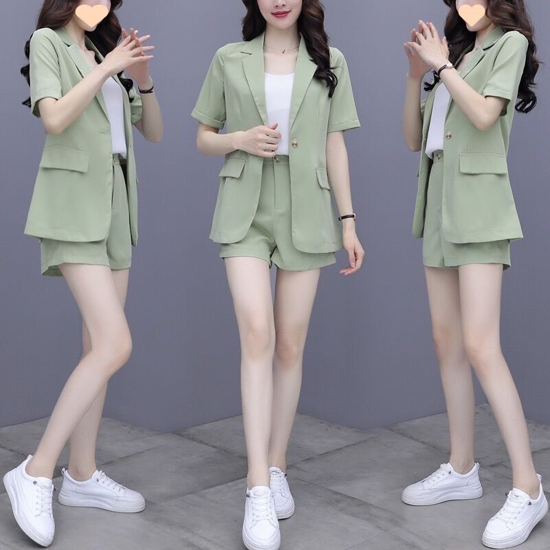 Petit ensemble trois pièces pour femme, blazer, short à manches courtes, style coréen, tenue professionnelle décontractée, polyvalente_voghion.com