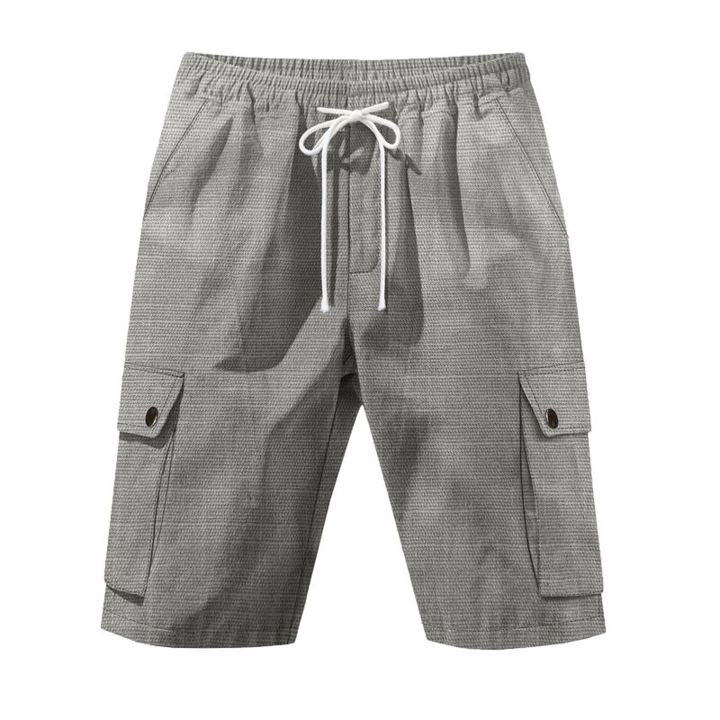 Pantaloncini da uomo in lino, pantaloncini cargo tinta unita con elastico in vita, tasche per viaggi e tempo libero, pantaloncini da spiaggia a gamba larga per l'estate_voghion.com