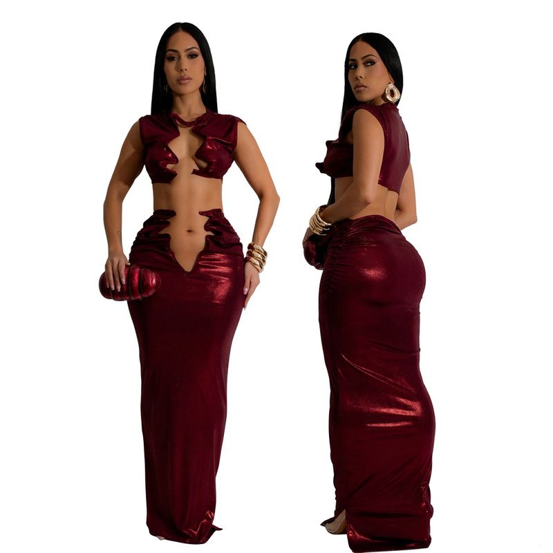 Sexy ärmelloses Crop-Top mit Maxirock-Set – elegantes monochromes zweiteiliges Outfit für Damen_voghion.com