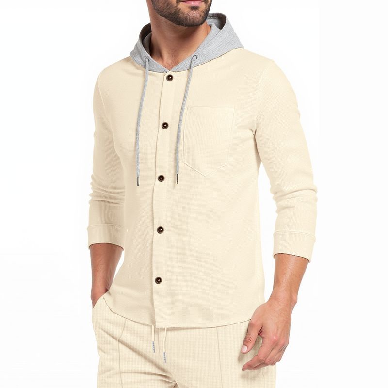 Herrenbekleidung: Herren-Strickjacke mit Waffelstrick, Kapuze, Knopfleiste, langen Ärmeln und Taschen – leichte, lässige Oberbekleidung für alle Jahreszeiten_voghion.com