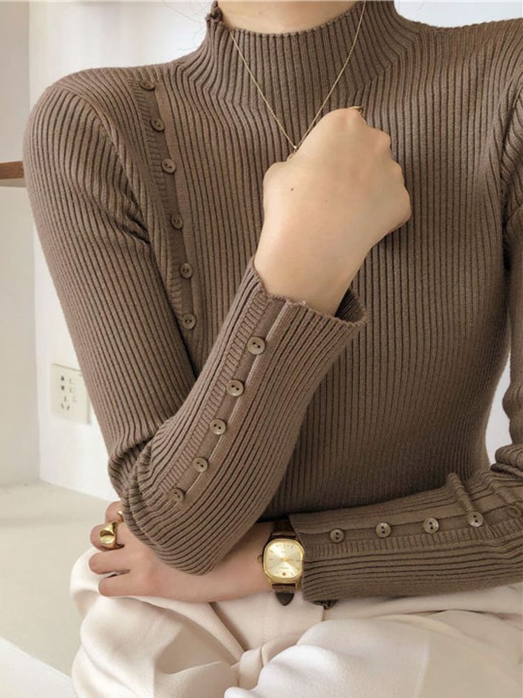Maglione lavorato a maglia da donna, a maniche lunghe, con bottoni, a collo alto, sottile, per autunno e inverno, morbido e caldo, con fondo alto_voghion.com