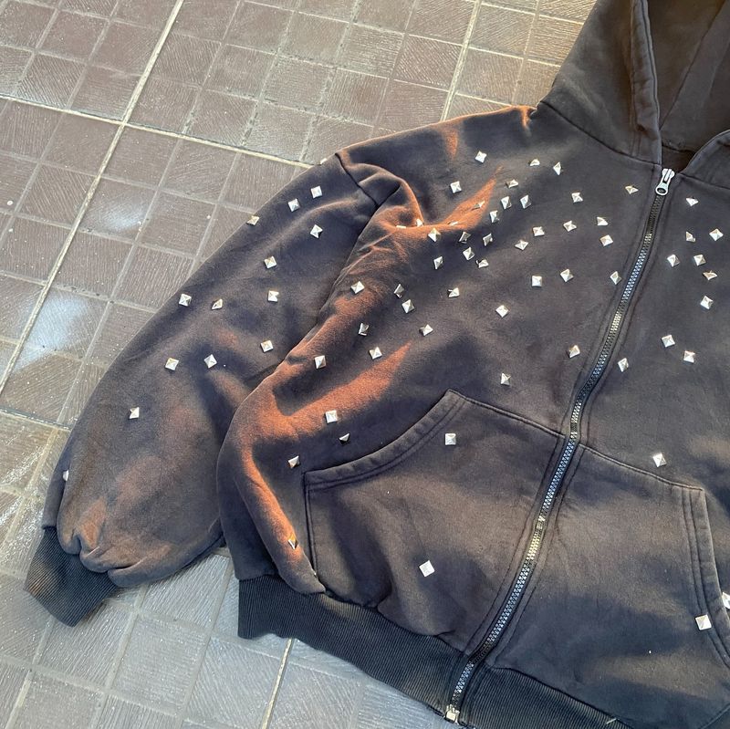 Herrenbekleidung, Hot Diamond Design Printed Loose Unisex Retro Hoodie mit Strass-Print – Übergroße Streetwear-Jacke mit Reißverschluss für Männer und Frauen_voghion.com