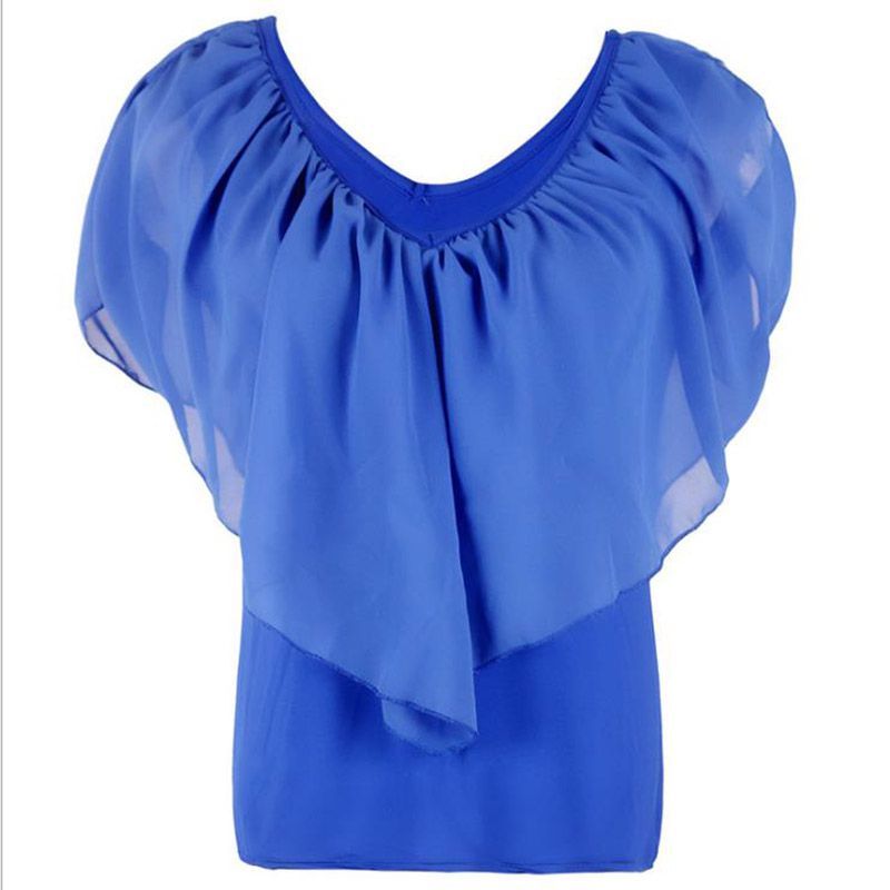V Womens Elegant Neck Tunic Chiffon Top Tshirt With Short Sleeves Fit Loose And_voghion.com