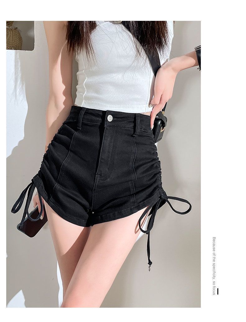 Strap drawstring denim shorts for women in summer, niche design with high waist slimming effect. Spicy girls have a_voghion.com