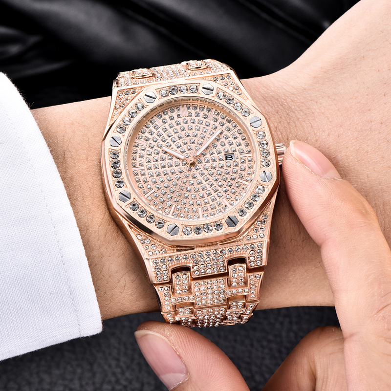 Orologi al quarzo con data in oro con diamanti di marca Hip Hop da uomo_voghion.com