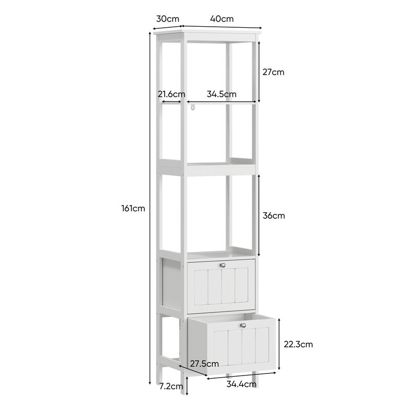 Schmaler Wäscheturm Aus Holz, Freistehender Schrank Mit 2 Schubladen, 40x30x160 Cm, Bianco_voghion.com