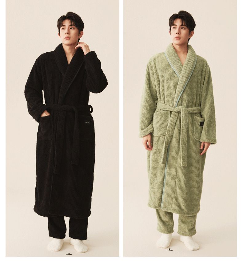 "Luxury Coral Fleece Bathrobe Set For Couples - Extra Long & Thick Winter Robe With Matching Pants - Ultra Soft V-Neck Design In Multiple Colors_voghion.com