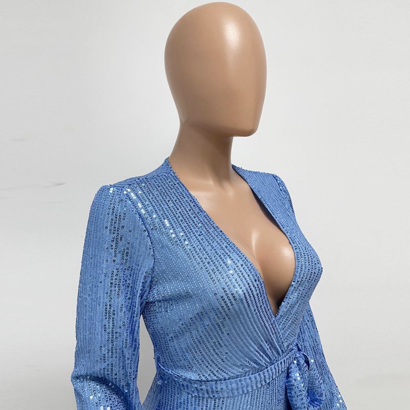 Damkläder Ins Style Deep V Mode Casual Jumpsuit Långärmat Bälte Paljett Jumpsuit Dam_voghion.com