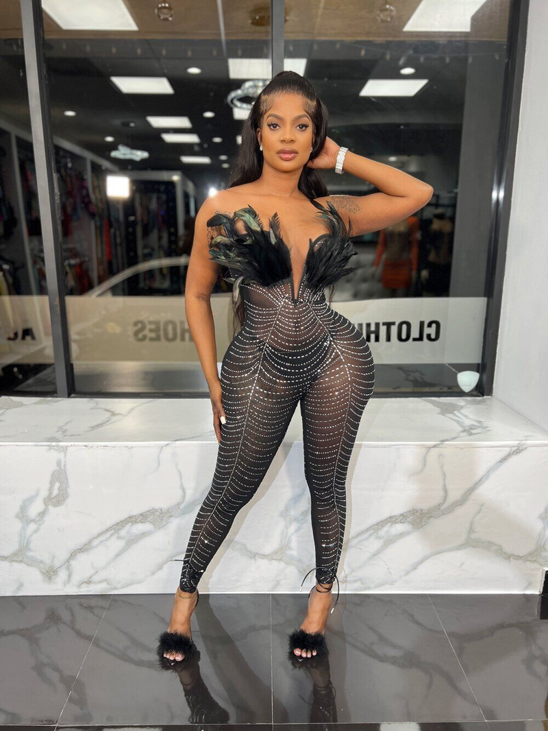 sexy feather hot rhinestones slim fit hip covering sleeveless jumpsuit_voghion.com