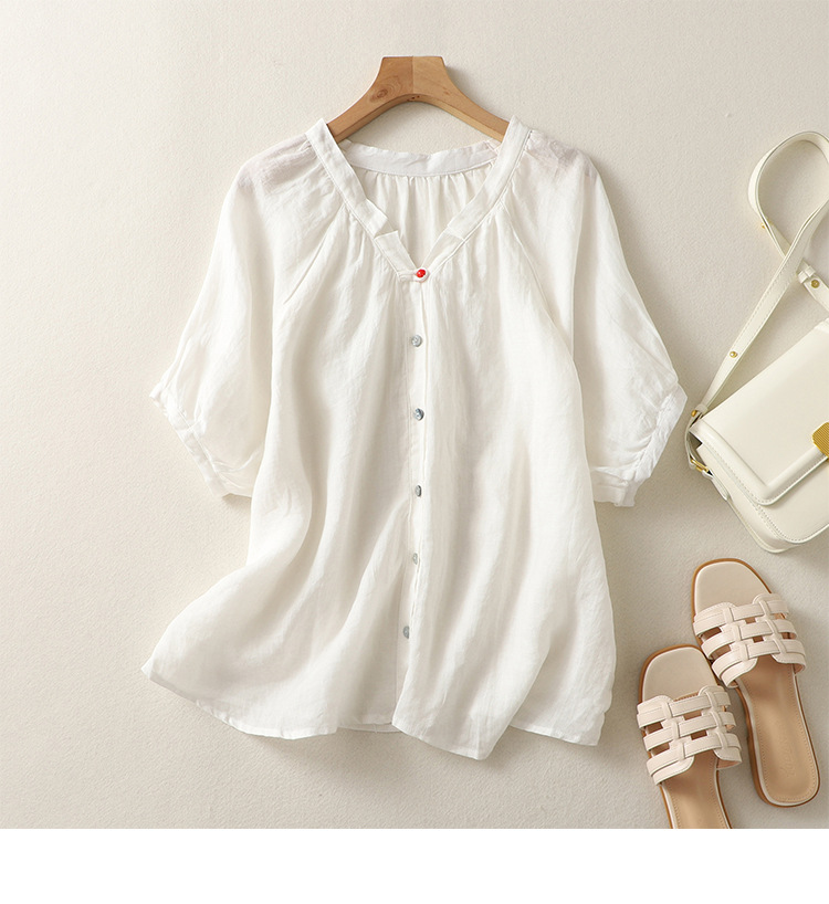 Camicia da donna in cotone e lino, semplice e ampia, a maniche corte_voghion.com