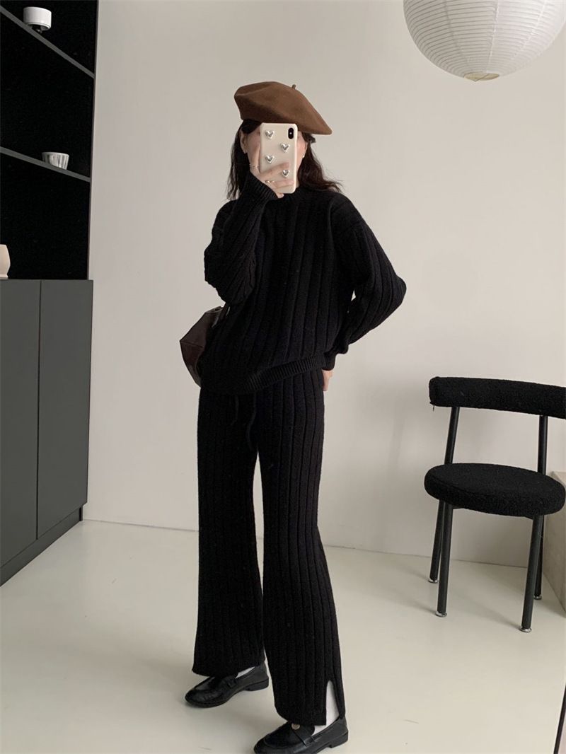 Plus Size Knit Sweater & Wide Leg Pants Set - Soft Ribbed Pullover & Flowy Lounge Trousers, Oversized Comfort Outfit For Women_voghion.com