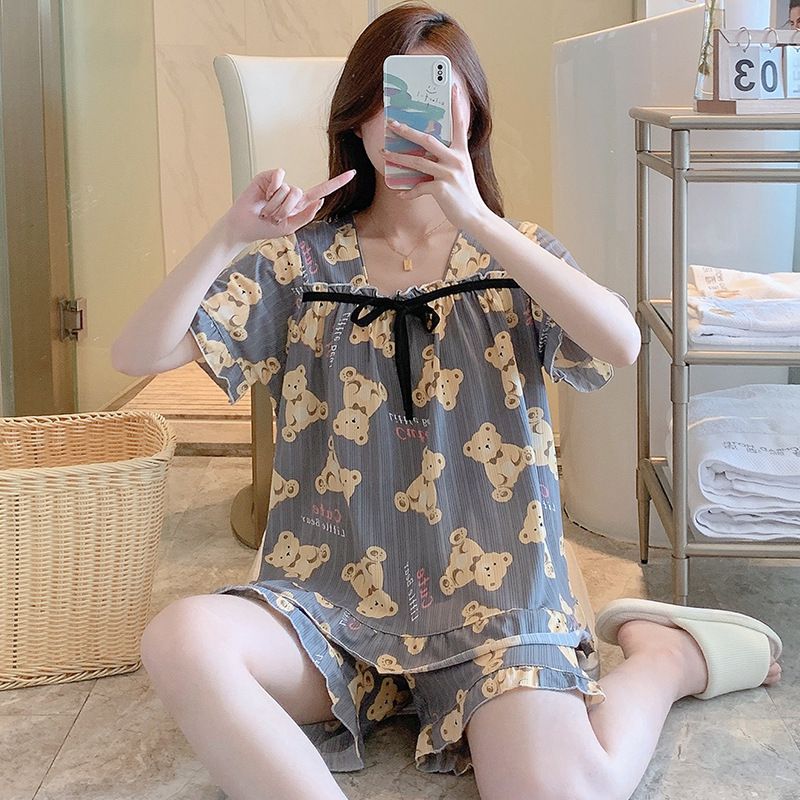 Milk silk striped pajamas women in summer, sweet short sleeved shorts, plus size 220 pounds, chubby MM home clothes for_voghion.com