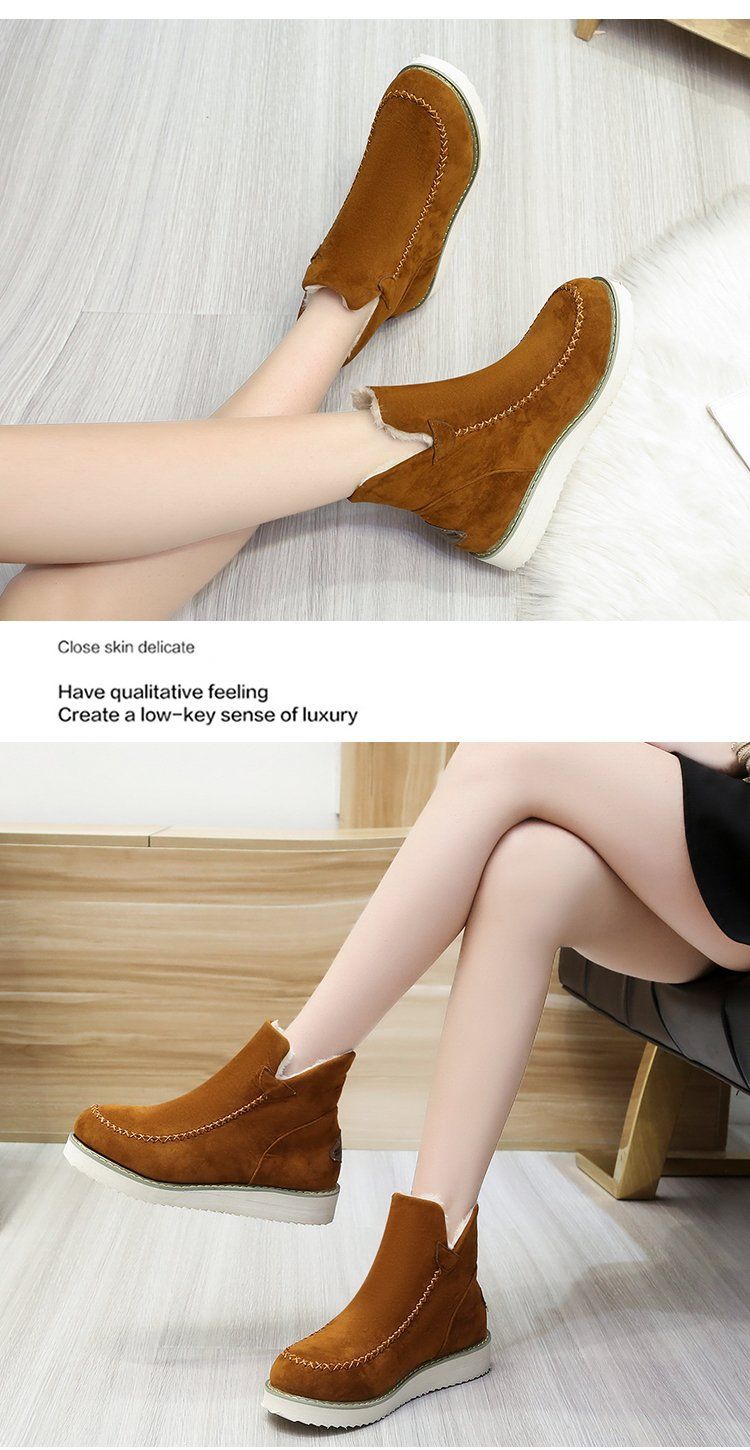 Chaussures pour femmes, bottes mi-mollet à semelle épaisse et bout rond - Chaussures d'hiver chaudes, doublées en polaire, décontractées, à enfiler avec semelle extérieure en caoutchouc_voghion.com