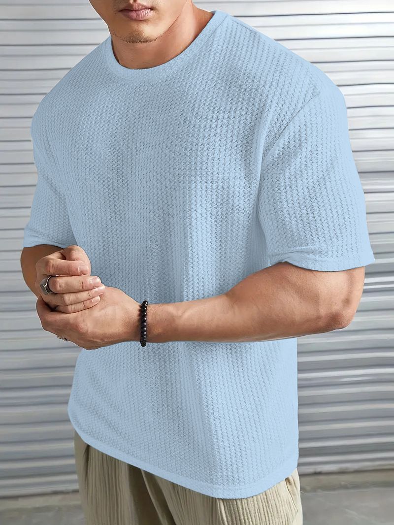 Maglietta da uomo a maniche corte in maglia a girocollo in jacquard tinta unita modello Xiyi Cross Border_voghion.com