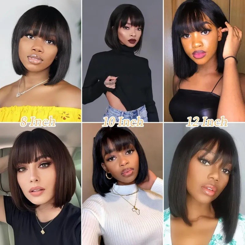 Brazilian Short Straight Hair Bob Wigs Human Hair Wig With Bangs Remy Full Machine Made Wig for Women Non Lace Glueless Bob Wig_voghion.com