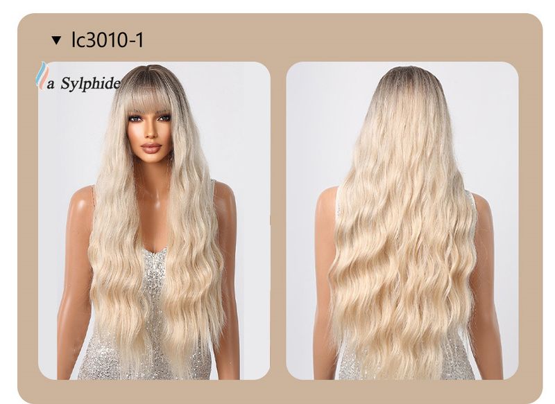 Parrucca con extension per capelli, frangia a onde grandi, capelli lunghi e ricci, sfumatura platino, simulazione atmosfera, fibra chimica, donna_voghion.com