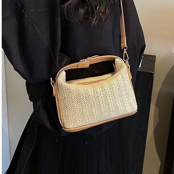 Gewebte Strohtasche Sommer Neue Urlaub Strandtasche Klassischer Stil Lunchbox Handtasche Umhängetasche Damentasche_voghion.com