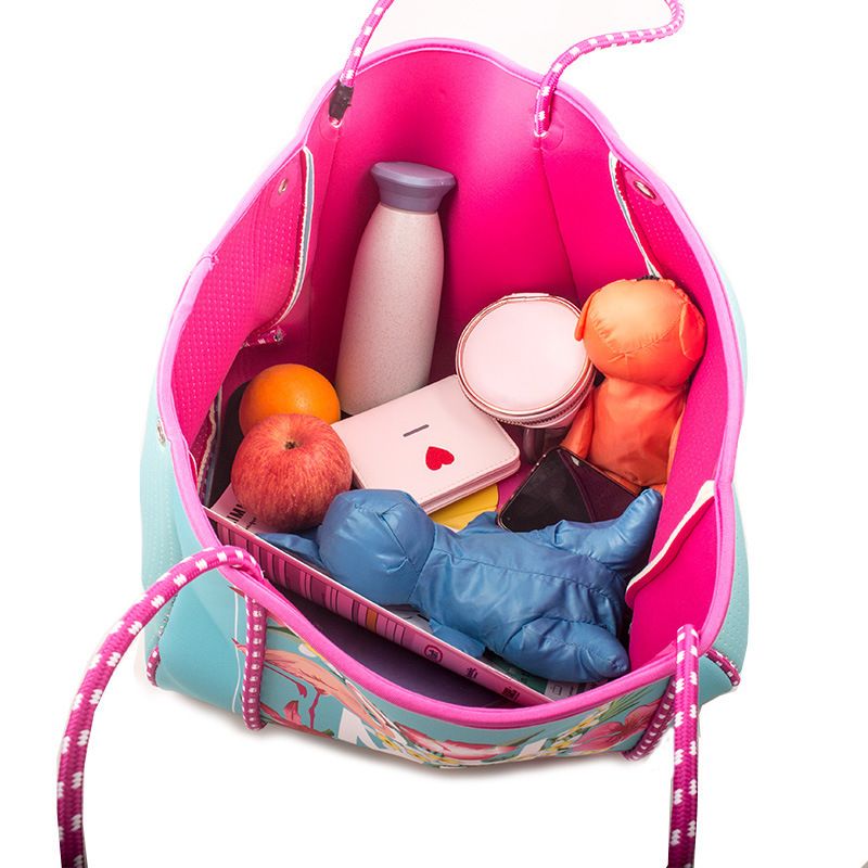 Tauchstoff Strandtasch, bedréckte Flamingo Handtasche, Outdoor Picknick Fraen Handtasche mat grousser Kapazitéit_voghion.com