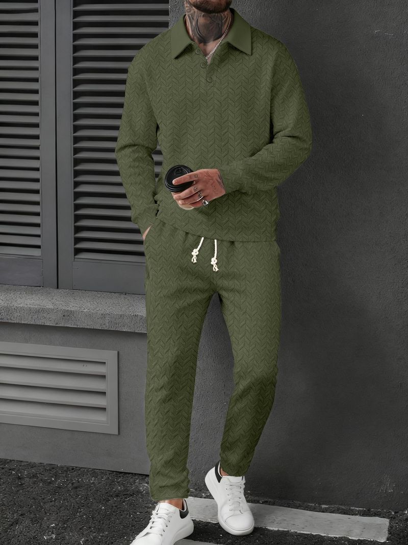 Completo polo e pantaloni a righe color grano da uomo – Completo sportivo a maniche lunghe per look casual e sportivi_voghion.com