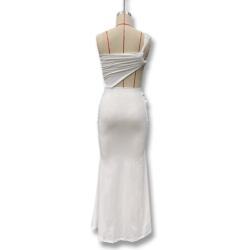 Abito lungo arricciato con lacci, tinta unita, alla moda, con schiena scoperta, monospalla, estivo 2025_voghion.com