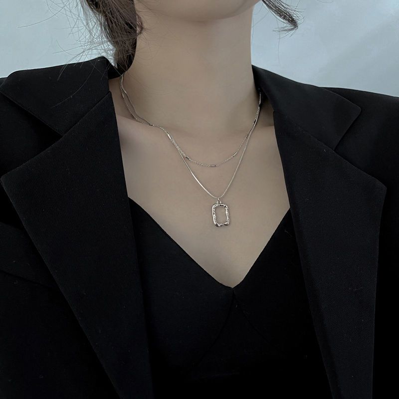 Collar con colgante hueco irregular de doble capa de plata Sterg de moda para mujer, cadena de 2 piezas, joyería fina de moda, regalos, accesorios_voghion.com