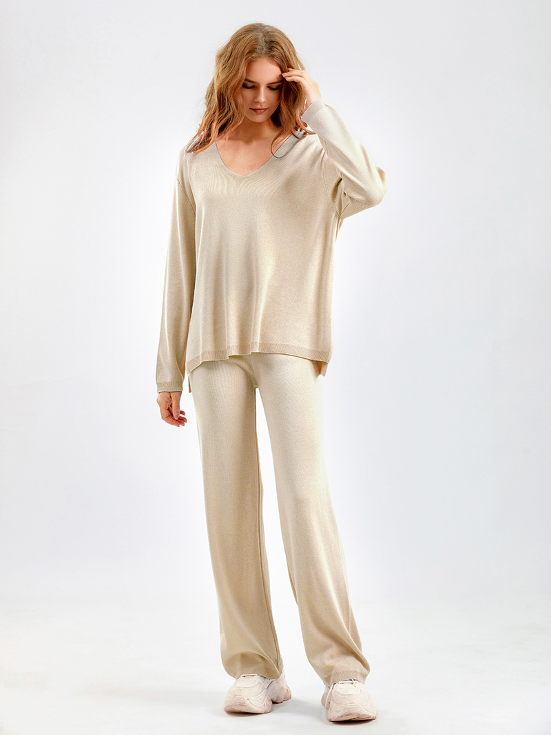 Set da donna in seta di ghiaccio tinta unita con scollo a V, set di due pezzi maglione casual sciolto a vita alta_voghion.com