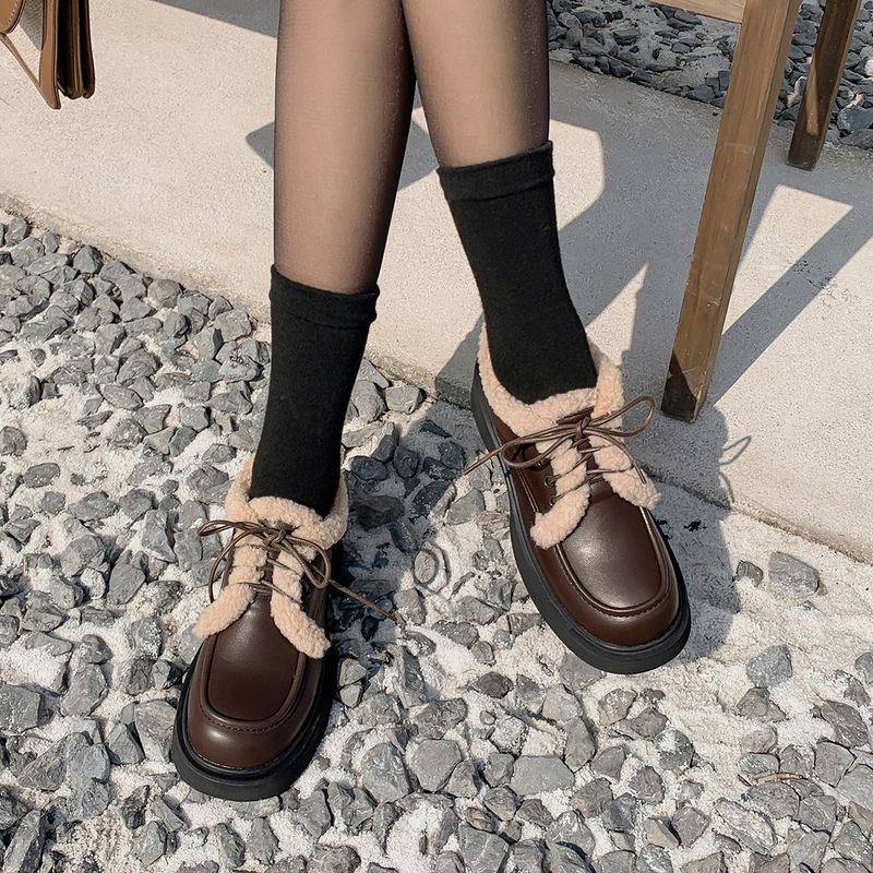 Platform Loafers Women's Retro British Style Single Shoes Women's Lace-up Plush And Furry Small Leather Shoes_voghion.com