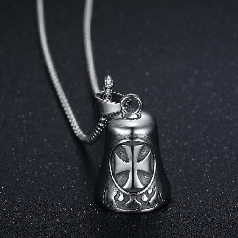 Collier pendentif cloche d'exorcisme en acier inoxydable poli avec croix_voghion.com