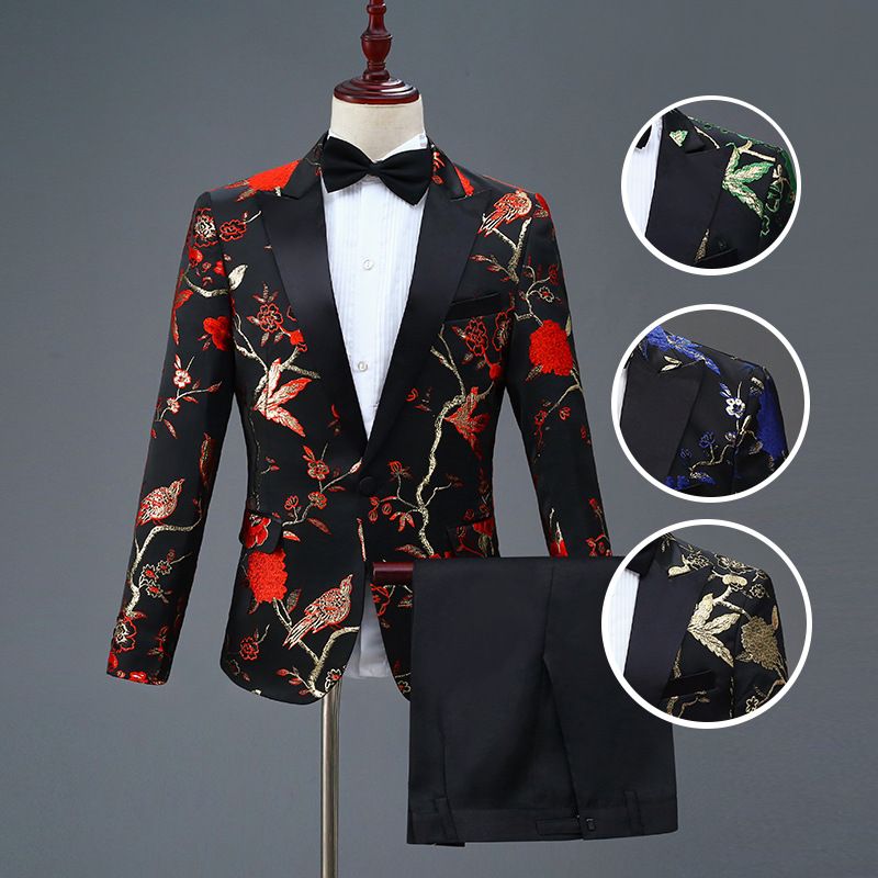 CT New Black Embroidered Men's Single-Breasted Suit Set For Stage Performance Host Costume_voghion.com