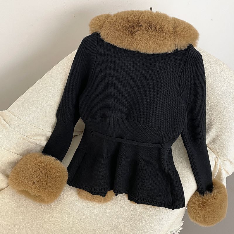 Damenbekleidung Herbst und Winter Strickpullover Pelz Knopfleiste Manschetten Abnehmbarer Strickpullover_voghion.com