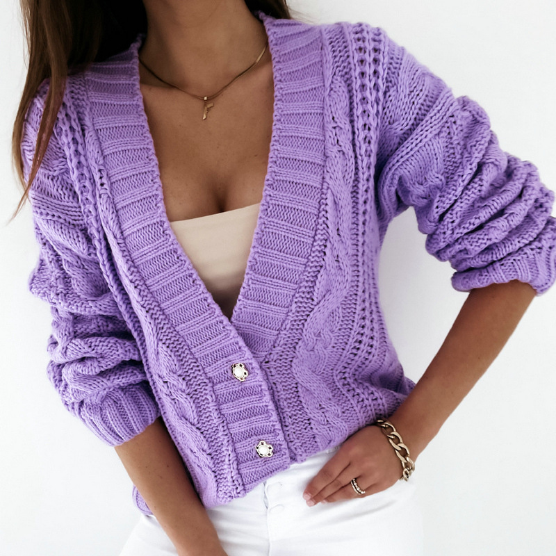 Cappotto maglione casual da donna Cardigan in maglia twist con scollo a V_voghion.com