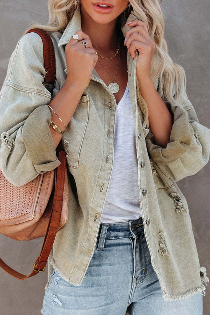Oversize-Jeansjacke für Damen – Lässiger, langärmliger Distressed-Mantel in Unifarben_voghion.com