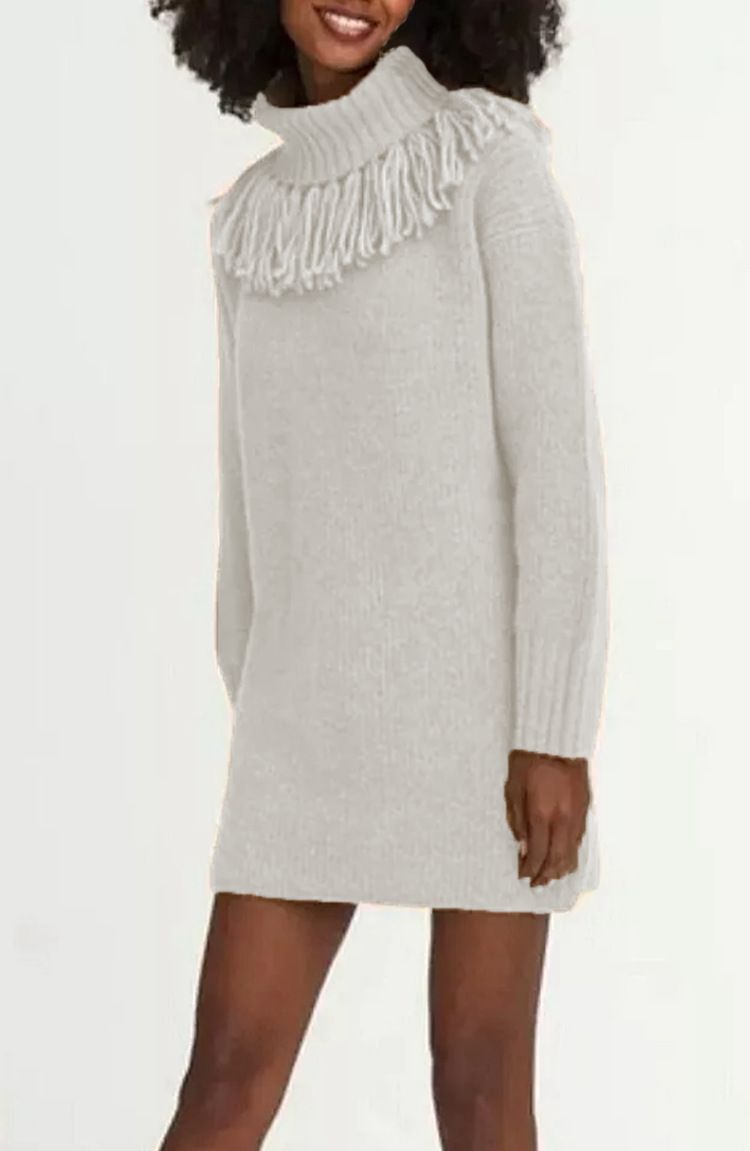 Maglione oversize con collo alto e frange – Abito tunica in maglia grossa (S-XXXL, 7 colori)_voghion.com