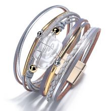 Bracciale in pelle intrecciata a mano in stile bohémien, in lega, con fibbia magnetica, multistrato, in PU, multicolore, opzionale._voghion.com