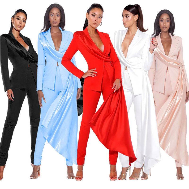 Women's sexy suit jacket two-piece solid color casual long-sleeved lapel button _voghion.com