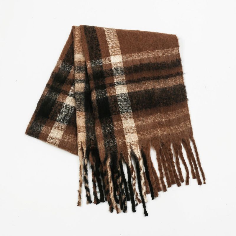 Écharpe à carreaux en mohair pour femme, châle d'hiver chaud et épais à carreaux avec franges, élégant et polyvalent, idéal pour le bureau décontracté._voghion.com