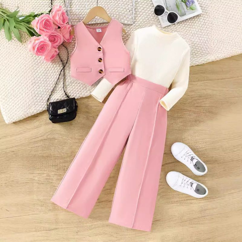 Vestito da drama coreano, stile piccolo profumo di alta qualità, completo rosa, pantaloni gilet, camicia con collo alto, tre pezzi_voghion.com