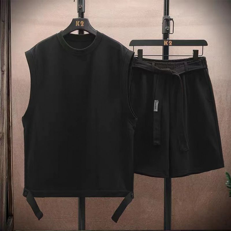 Waffle Texture Summer Casual Fashion Men's Trendy Loose Tank Top Sleeveless Vest Shorts Two-Piece Set_voghion.com