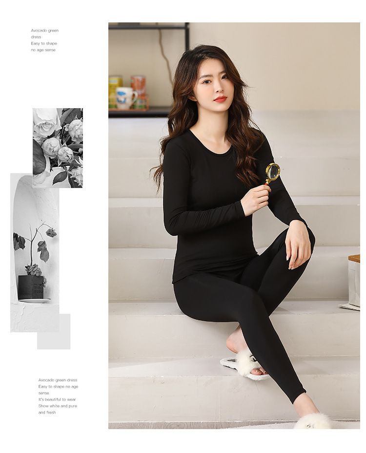 Conjunto de ropa interior térmica para mujer, con forro polar, manga larga, cuello redondo, top y pantalones, capa base suave y cálida para el invierno._voghion.com