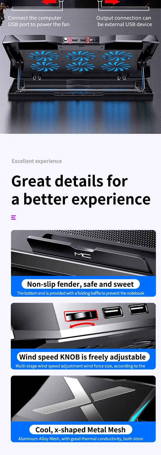 15,6-Zoll-Gaming-Laptop-Kühler mit sechs Lüftern, höhenverstellbar, leises Kühlpad, Computerständer für Laptops unten_voghion.com